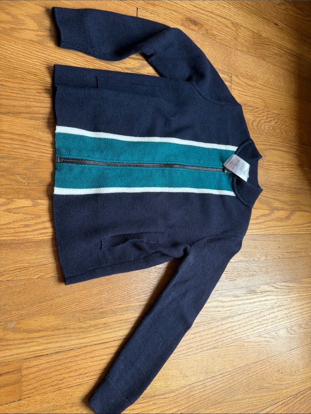Jacadi zippered cardigan, size 6A, navy with teal and white stripes